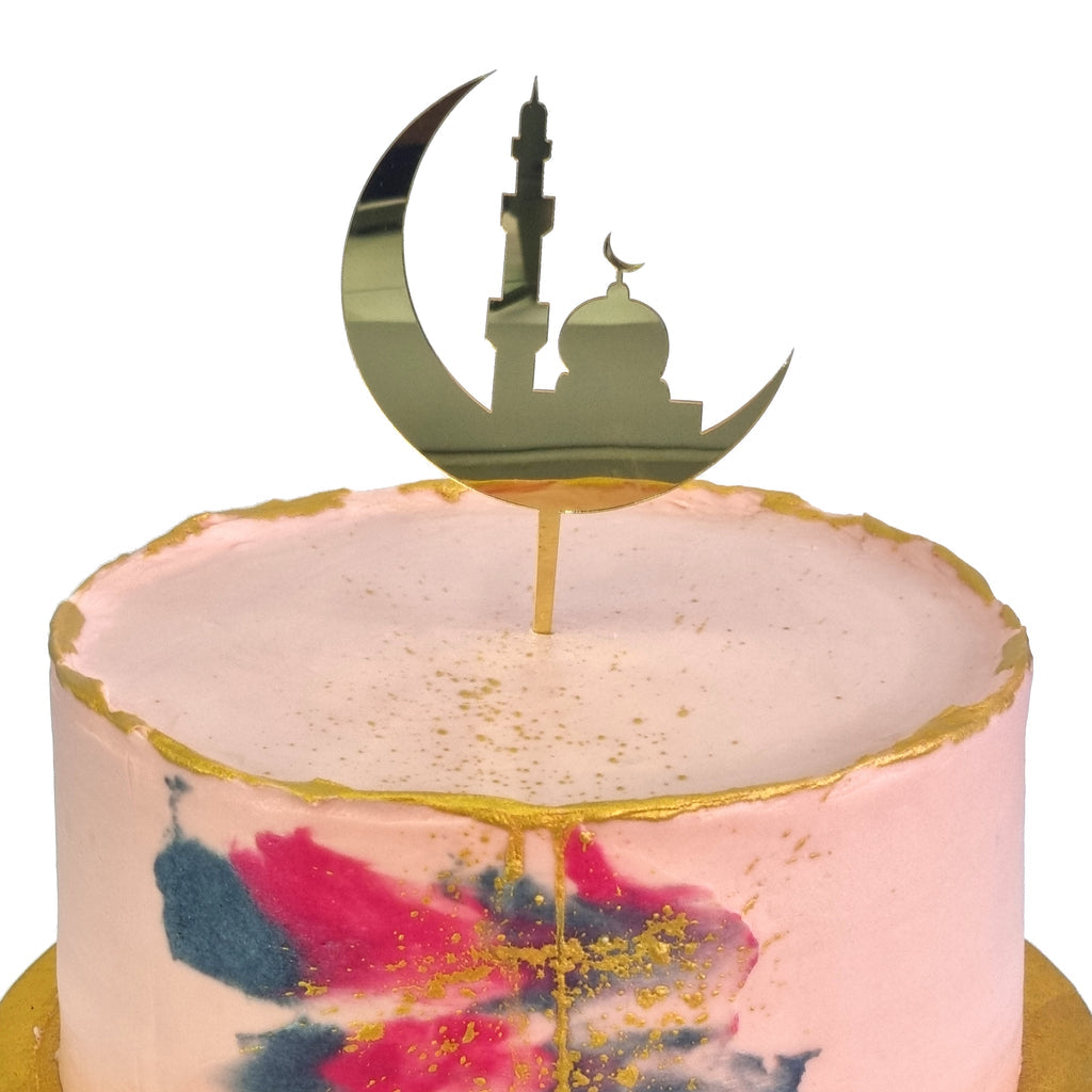 Metallic Gold Crescent Moon & Mosque Cake Topper